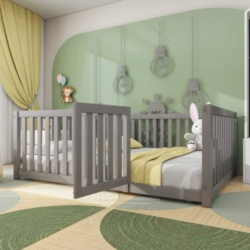 Lit Montessori Barrières 140x200 Gris avec Porte