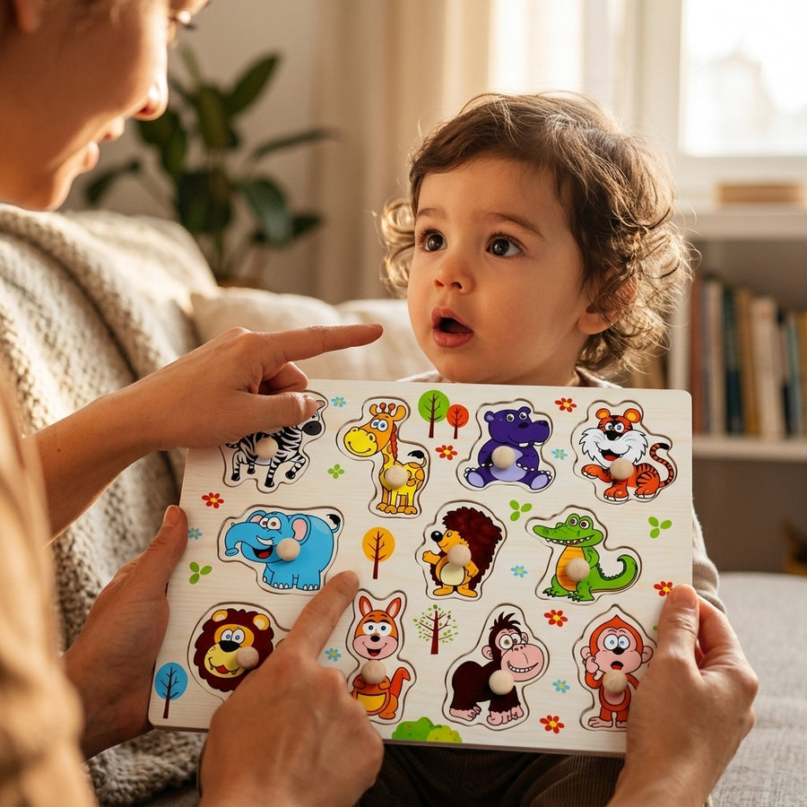 Puzzle à Boutons Animaux du Zoo - 11 Pièces en Bois