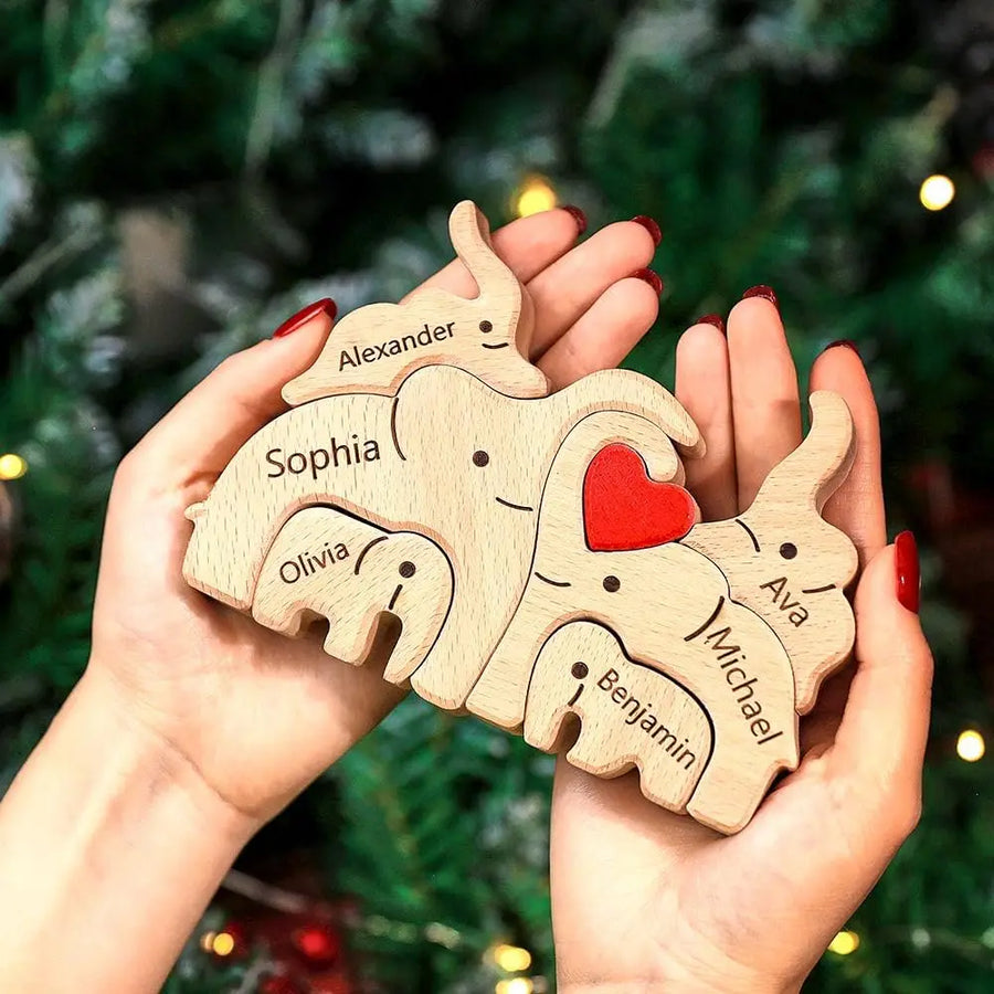 Puzzle Famille Personnalisé en Bois - Éléphants Gravés