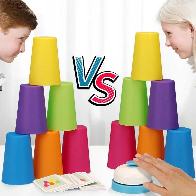 Jeu d'empilage de gobelets colorés avec sonnette et cartes défis
