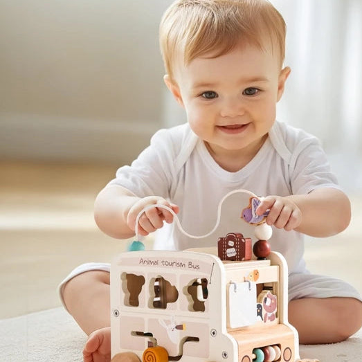 Cube d'activités bois à roulettes thème animaux