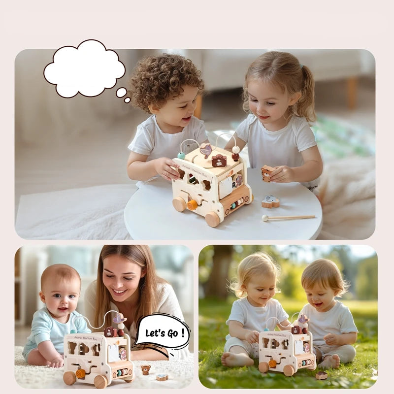 Cube d'activités bois à roulettes thème animaux