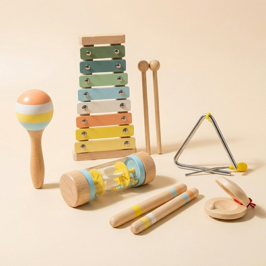 Fortand Instrument Musique Bébé – Set Percussion Bois Montessori Xylophone Tambourin, Cadeau 1-3 Ans