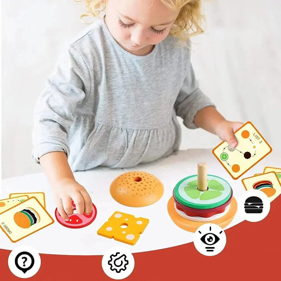 Burger en bois Montessori - Jouets d'empilement pour les tout-petits | Montessori Hamburger Montessori