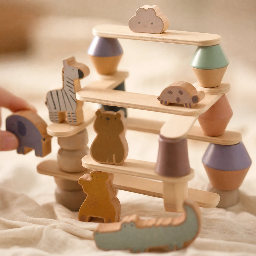 Jeu d'équilibre en bois Montessori avec blocs animaux pour enfants - Détail matière