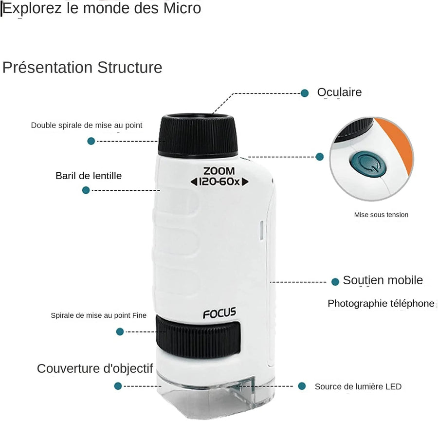 Microscope de Poche avec Grossissement 120x et Éclairage LED