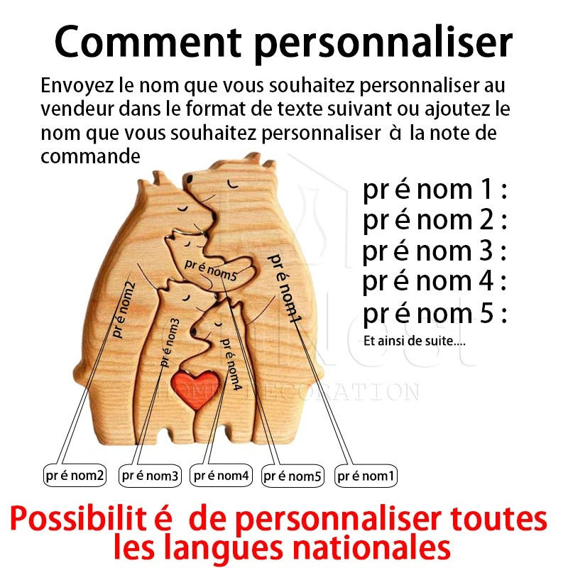 Puzzle Famille Personnalisé en Bois avec Ours et Prénoms