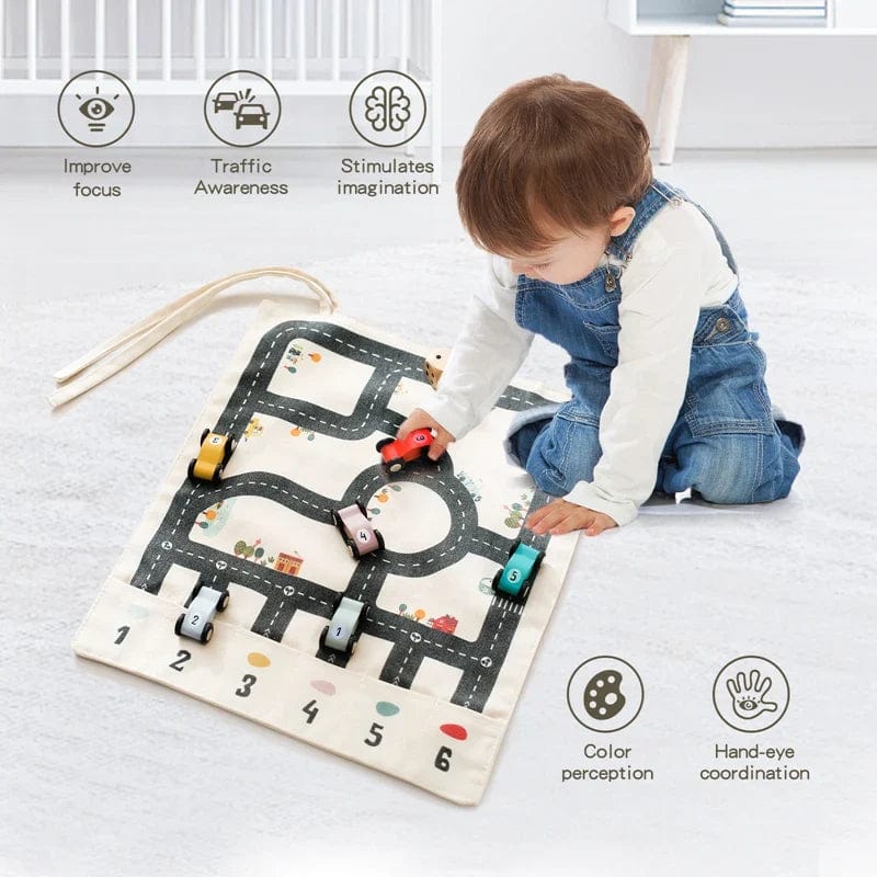 Tapis de jeu de route Montessori avec voitures en bois | Montessori Montessori