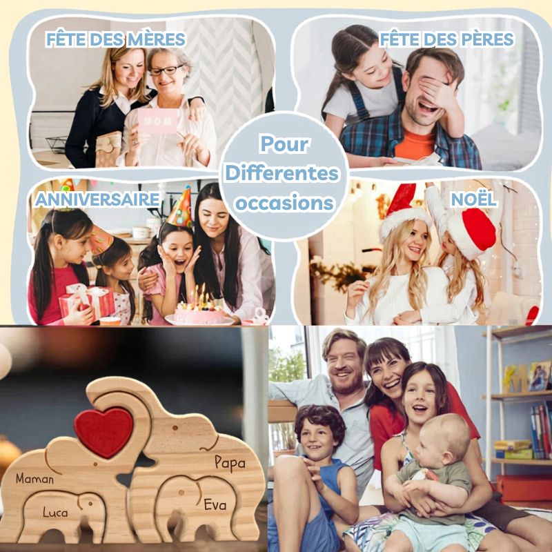 Puzzle Famille Éléphants en Bois Personnalisé – Cadeau Famille Gravure Prénom | Décoration Maison