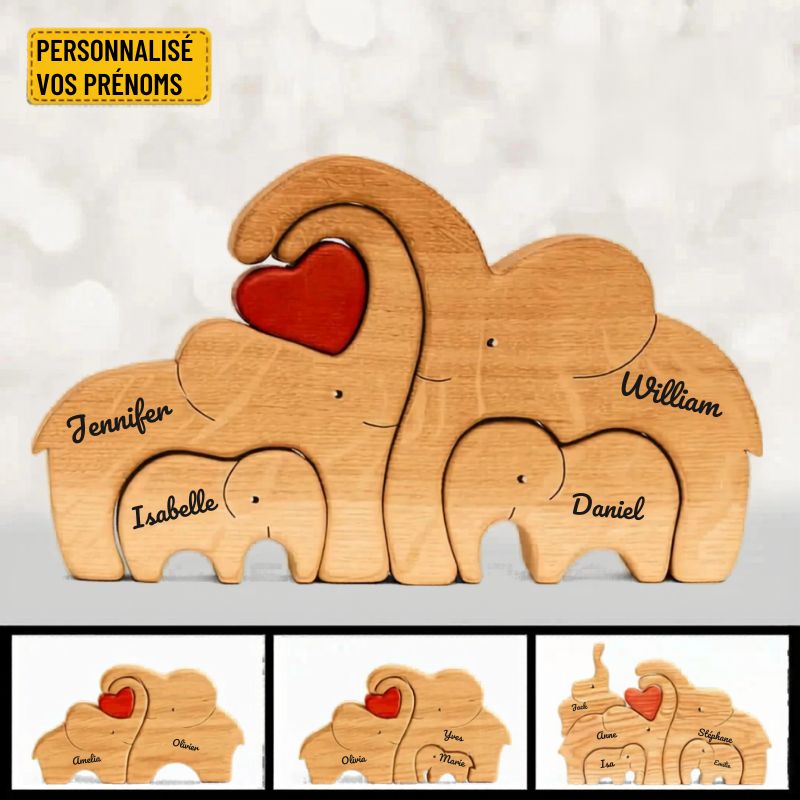 Puzzle Famille Éléphants en Bois Personnalisé – Cadeau Famille Gravure Prénom | Décoration Maison