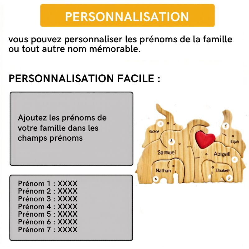 Puzzle Famille Éléphants en Bois Personnalisé – Cadeau Famille Gravure Prénom | Décoration Maison