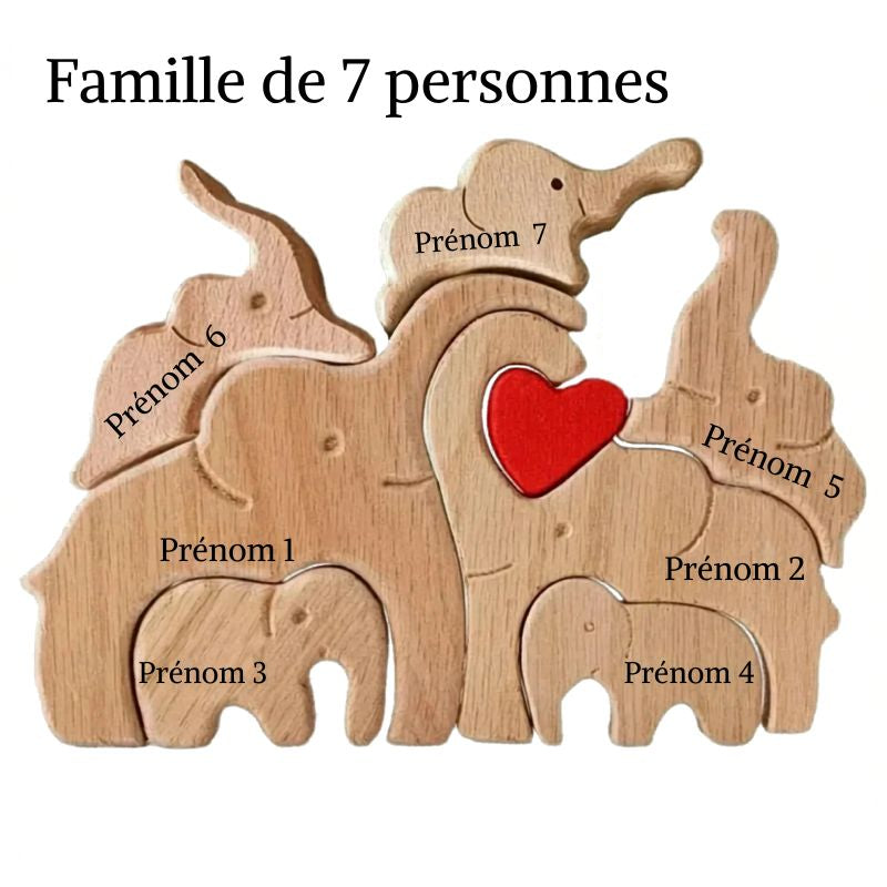 Puzzle Famille Éléphants en Bois Personnalisé – Cadeau Famille Gravure Prénom | Décoration Maison