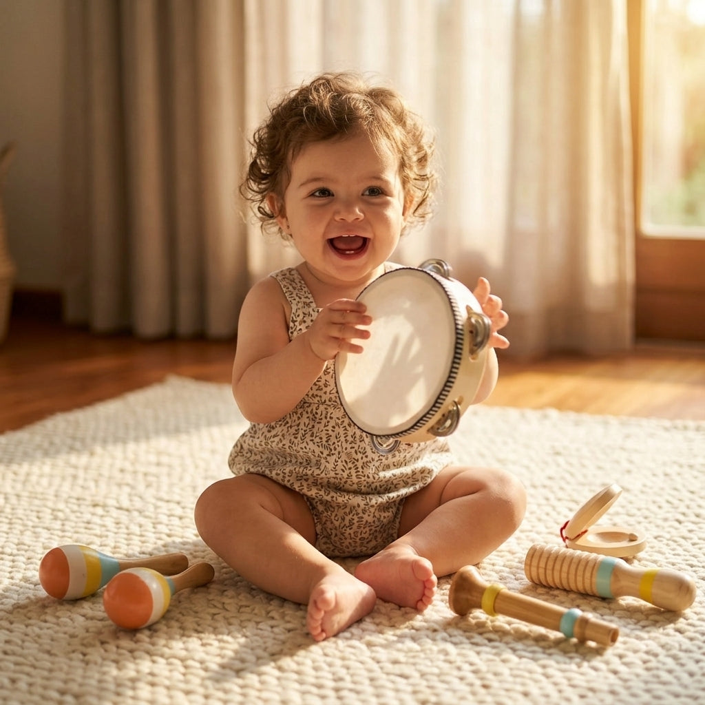 Set de 5 Instruments en Bois Montessori - Xylophone, Hochet, Tambourin, Maracas, et Claquette pour Bébé 0-3 Ans