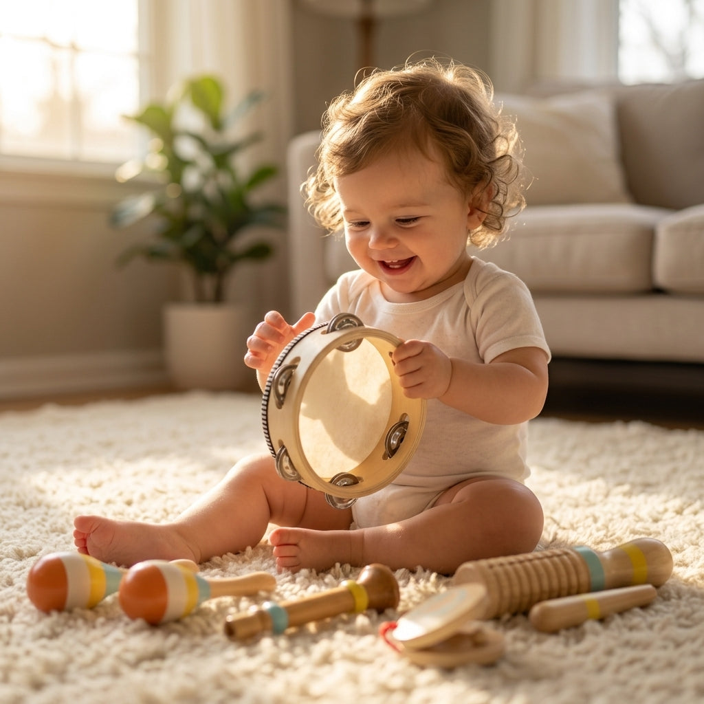 Set de 5 Instruments en Bois Montessori - Xylophone, Hochet, Tambourin, Maracas, et Claquette pour Bébé 0-3 Ans