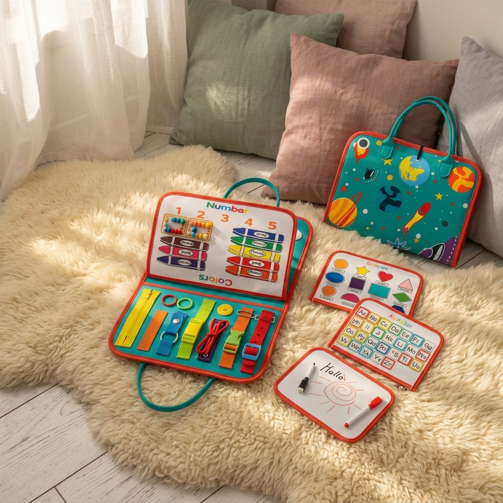 🎒 Busy Board Éducatif 7-en-1 – Jouet Sensoriel pour Tout-Petits