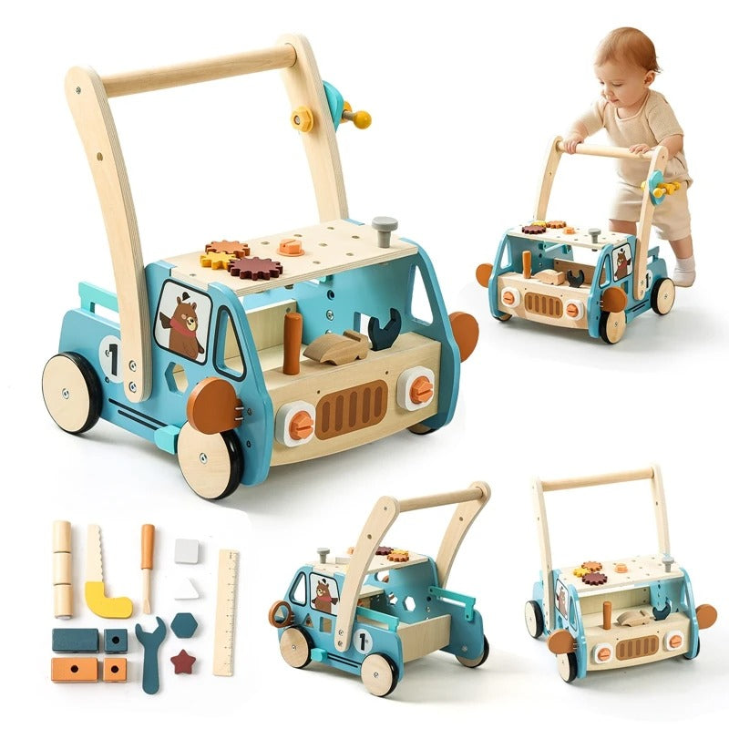 Chariot De Marche En Bois Pour Bébé - Avec Xylophone, Miroir, Engrenages, Trieur De Formes