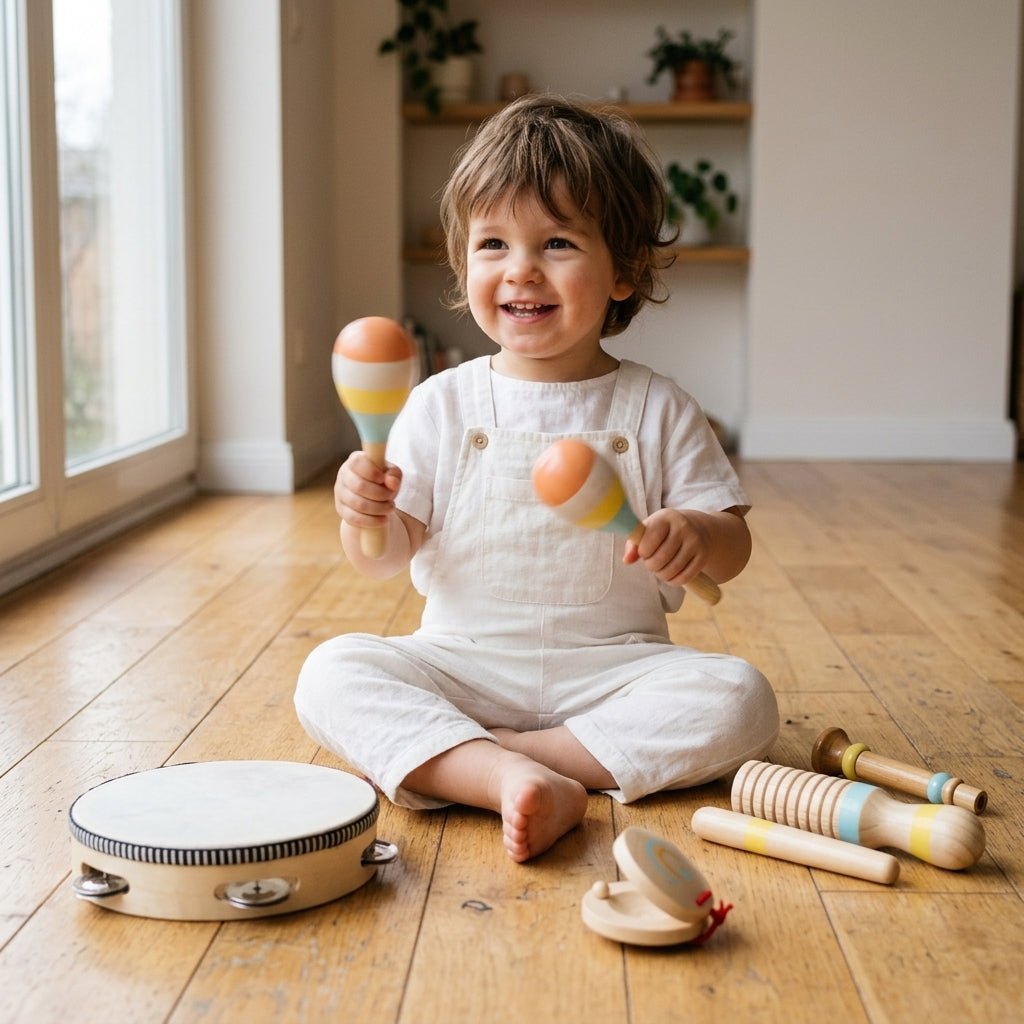 Set de 5 Instruments en Bois Montessori - Xylophone, Hochet, Tambourin, Maracas, et Claquette pour Bébé 0-3 Ans