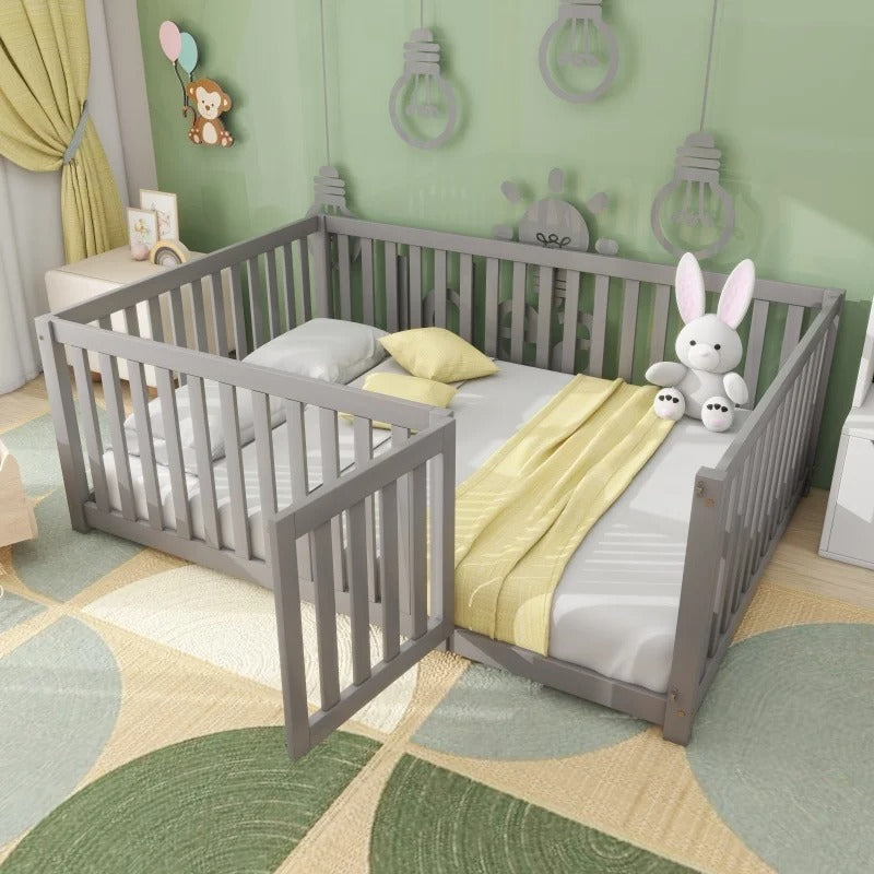 Lit Montessori Barrières 140x200 Gris avec Porte