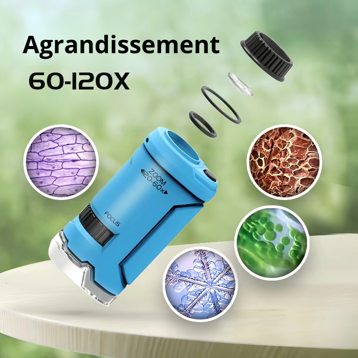 Microscope de Poche avec Grossissement 120x et Éclairage LED