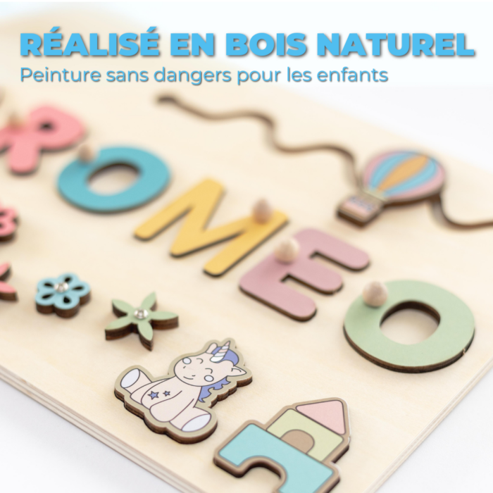 Puzzle en Bois Personnalisé avec Prénom – Jouet Montessori pour Apprentissage et Motricité