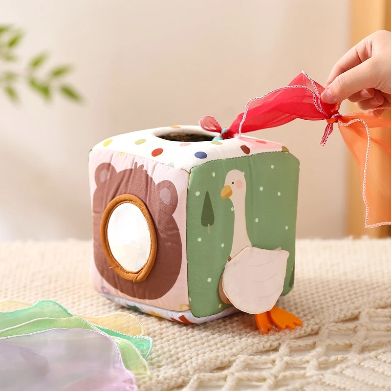 Cube d'activités bébé avec foulards et miroir