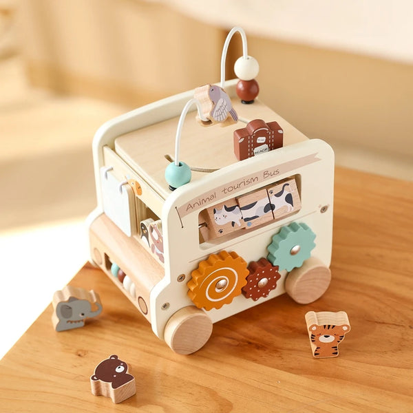 Cube d'activités bois à roulettes thème animaux