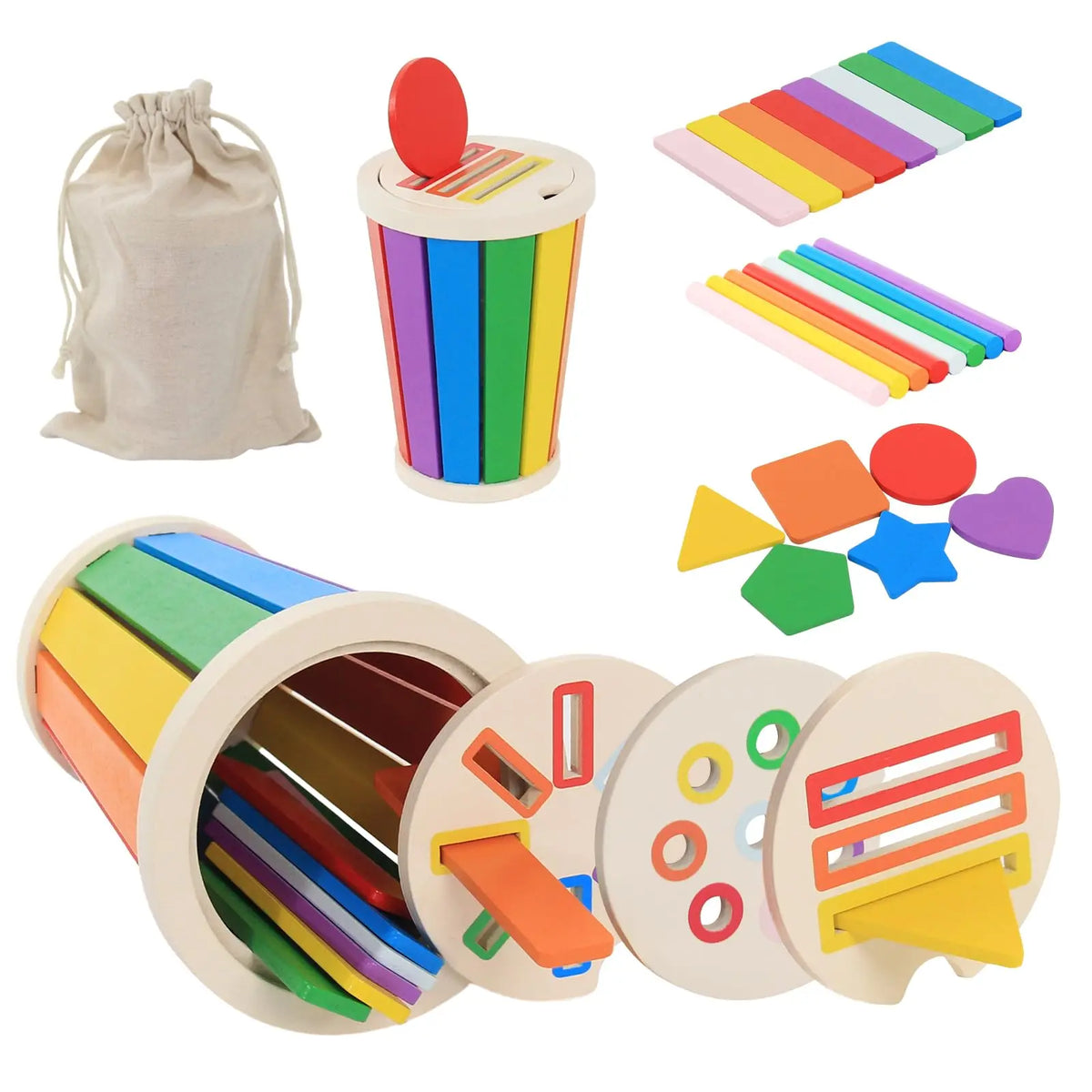 Jeu de tri en bois avec formes et bâtonnets colorés