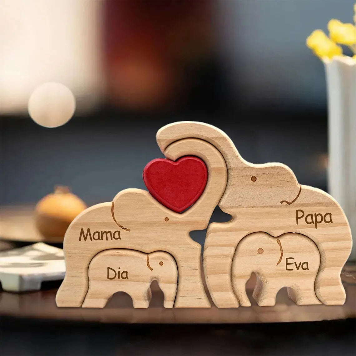 Puzzle Famille Éléphants en Bois Personnalisé – Cadeau Famille Gravure Prénom | Décoration Maison