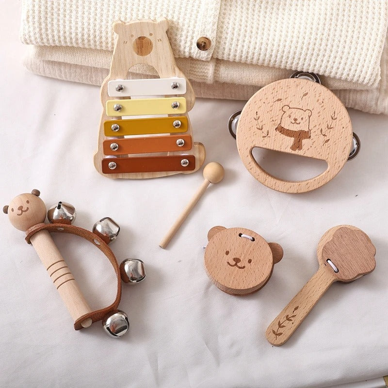 Set de 5 Instruments en Bois Montessori - Xylophone, Hochet, Tambourin, Maracas, et Claquette pour Bébé 0-3 Ans