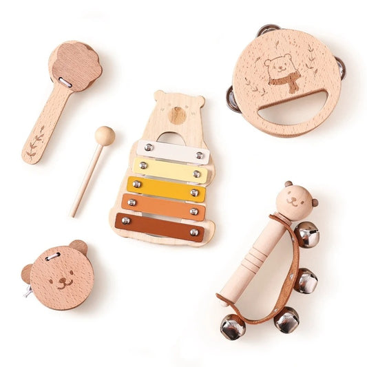 Set de 5 Instruments en Bois Montessori - Xylophone, Hochet, Tambourin, Maracas, et Claquette pour Bébé 0-3 Ans