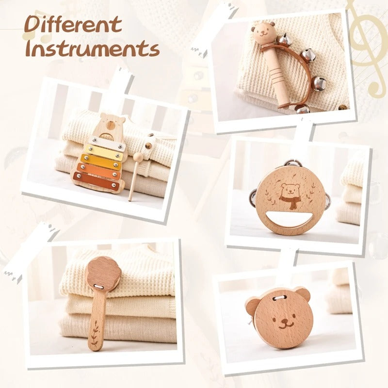 Set de 5 Instruments en Bois Montessori - Xylophone, Hochet, Tambourin, Maracas, et Claquette pour Bébé 0-3 Ans