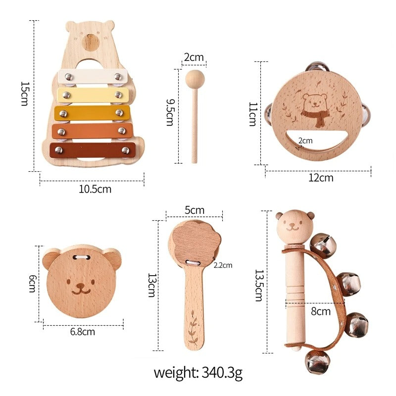 Set de 5 Instruments en Bois Montessori - Xylophone, Hochet, Tambourin, Maracas, et Claquette pour Bébé 0-3 Ans