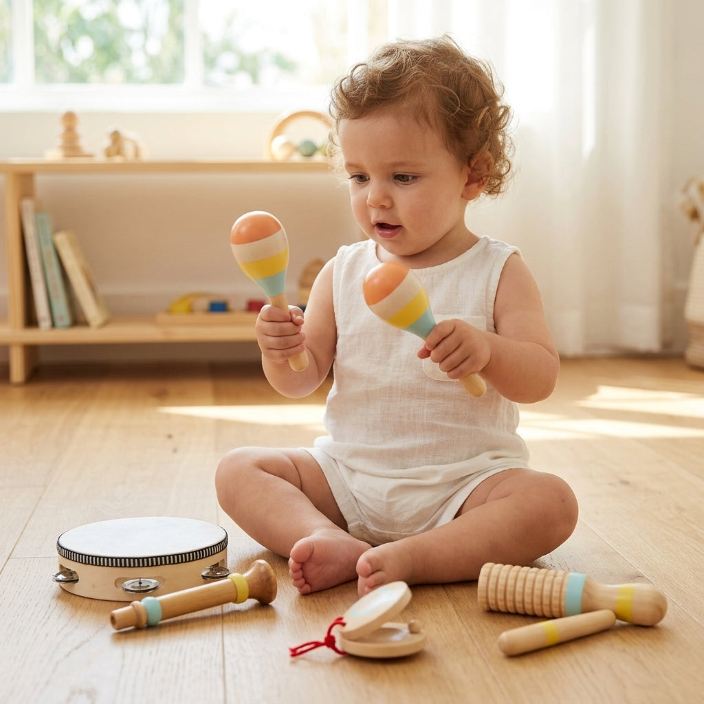 Set de 5 Instruments en Bois Montessori - Xylophone, Hochet, Tambourin, Maracas, et Claquette pour Bébé 0-3 Ans