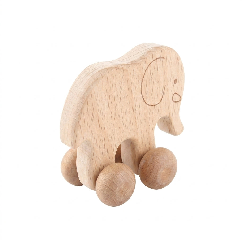 Éléphant à roulettes en bois naturel pour premiers pas