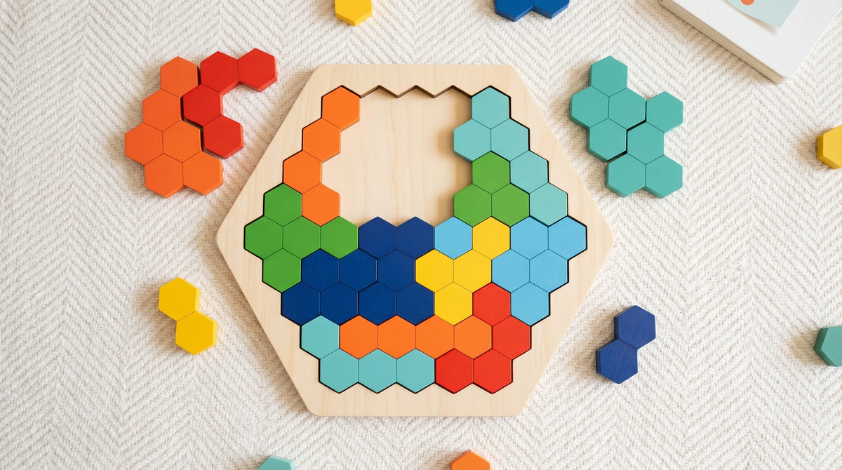 Puzzle Hexagonal Bois à Pièces Colorées Emboîtables