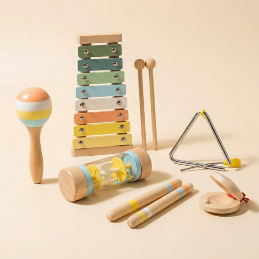 Set de 5 Instruments en Bois Montessori - Xylophone, Hochet, Tambourin, Maracas, et Claquette pour Bébé 0-3 Ans