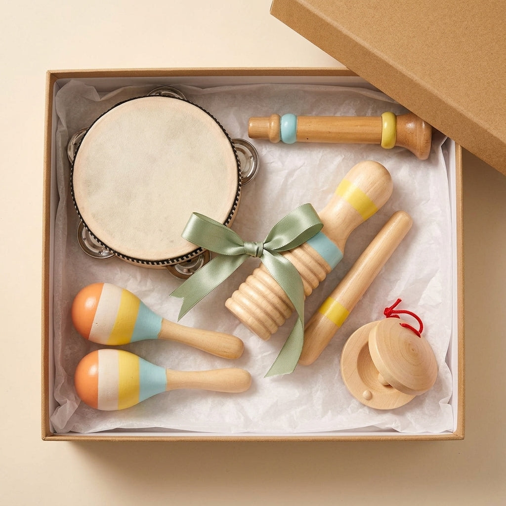 Set de 5 Instruments en Bois Montessori - Xylophone, Hochet, Tambourin, Maracas, et Claquette pour Bébé 0-3 Ans