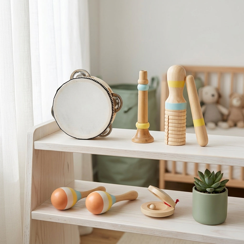 Set de 5 Instruments en Bois Montessori - Xylophone, Hochet, Tambourin, Maracas, et Claquette pour Bébé 0-3 Ans