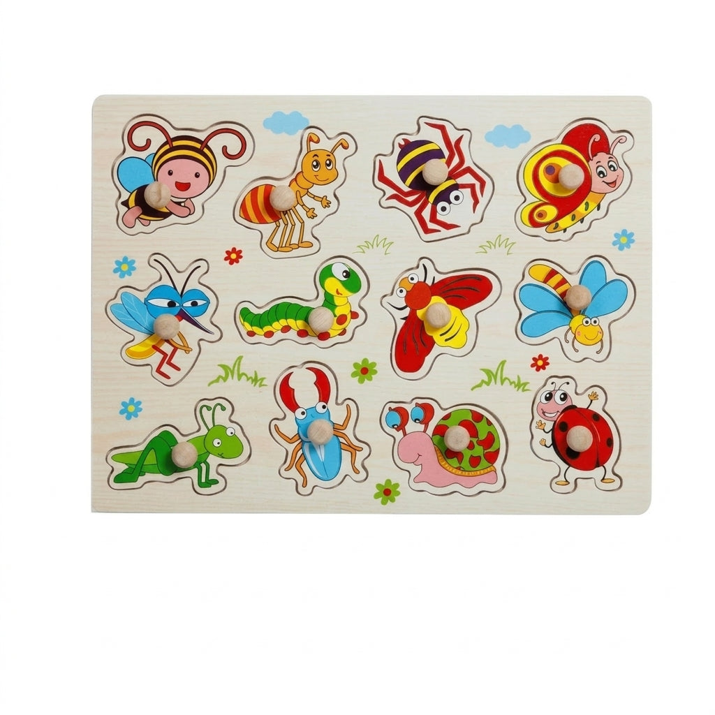 Puzzle à Boutons Insectes en Bois - 12 Pièces Colorées