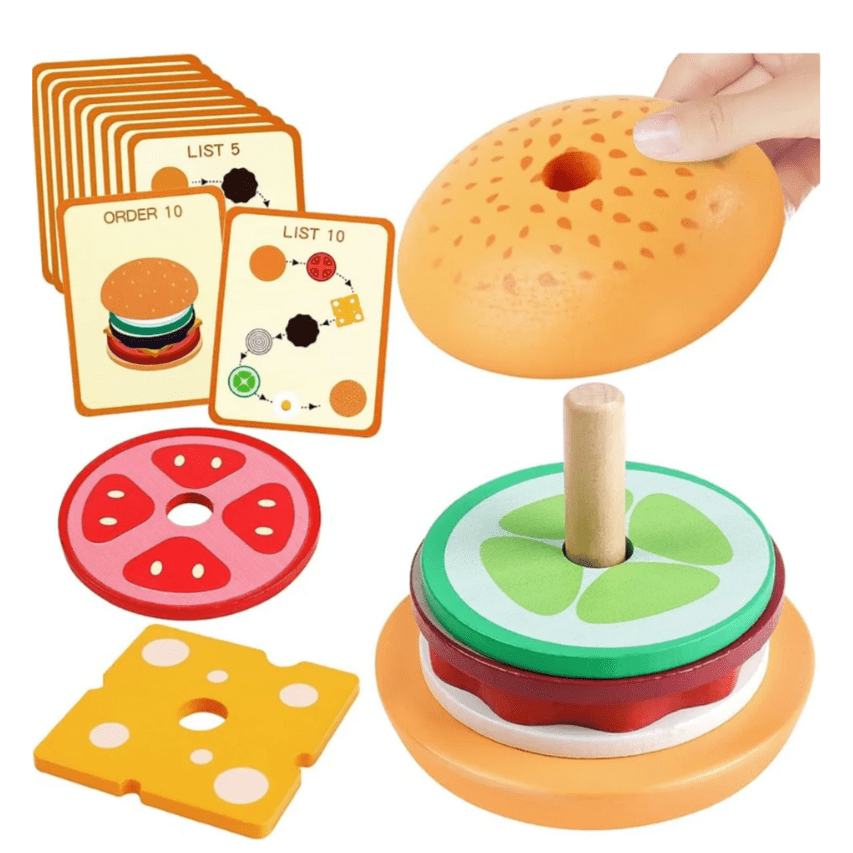Burger en bois Montessori - Jouets d'empilement pour les tout-petits | Montessori Hamburger Montessori