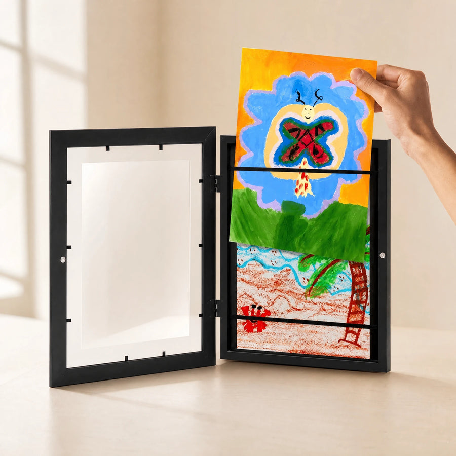 Cadre pour Dessins d'Enfants | Stockez et Exposez jusqu'à 150 Œuvres | Format A4 - Fond blanc, autre angle