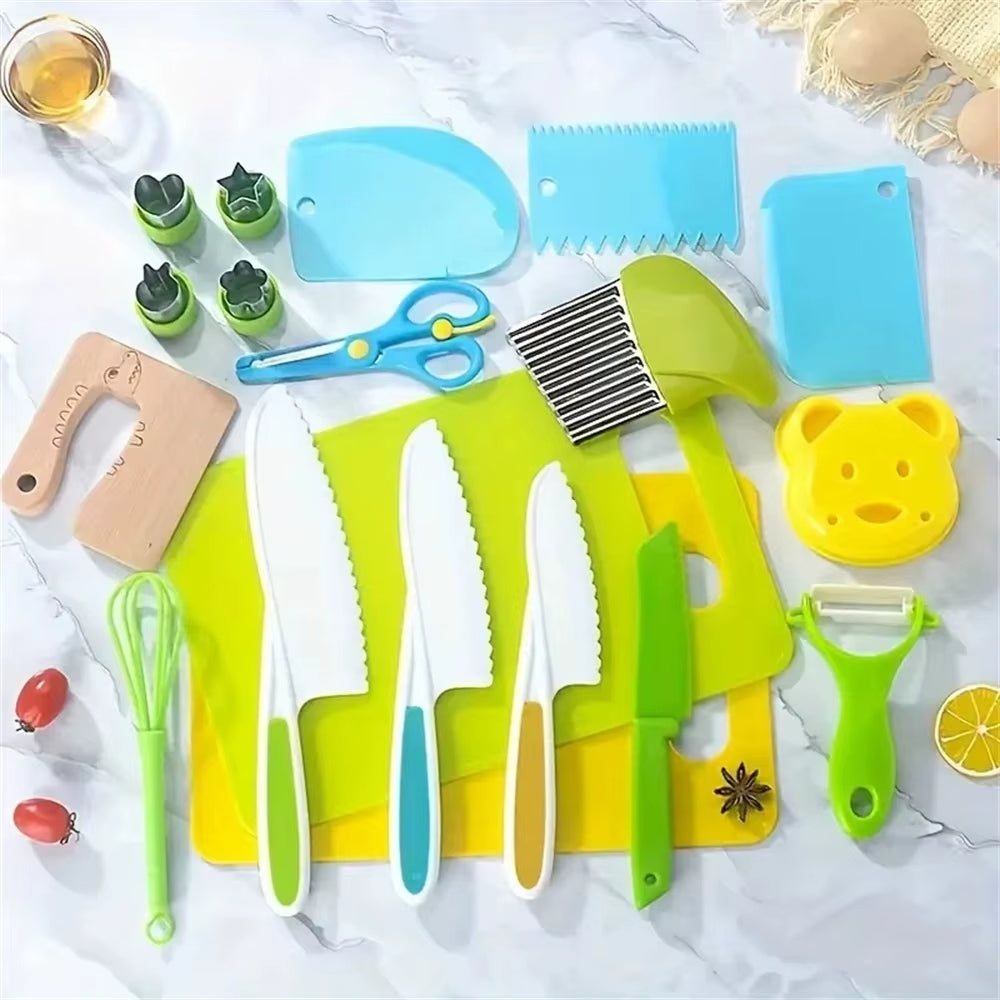 Kit 27 Pièces Couteaux Cuisine Enfants Montessori – Ustensiles Sécurité Plastique Et Bois, Pour Couper Fruits, Légumes Et Plus