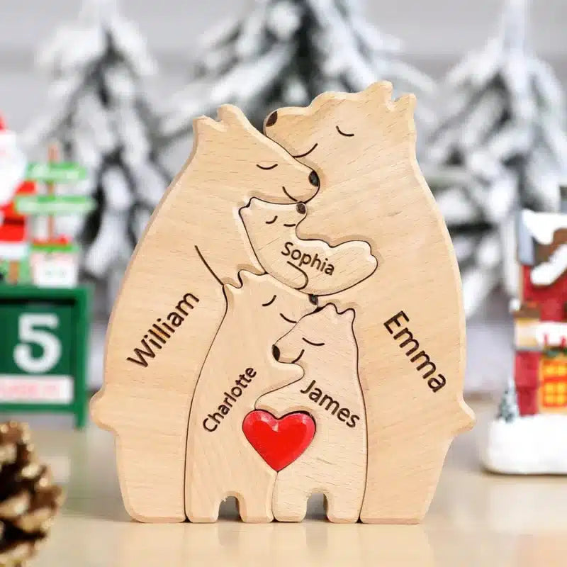 Puzzle Personnalisé Famille Ours - Cadeau Unique et Éducatif en Bois