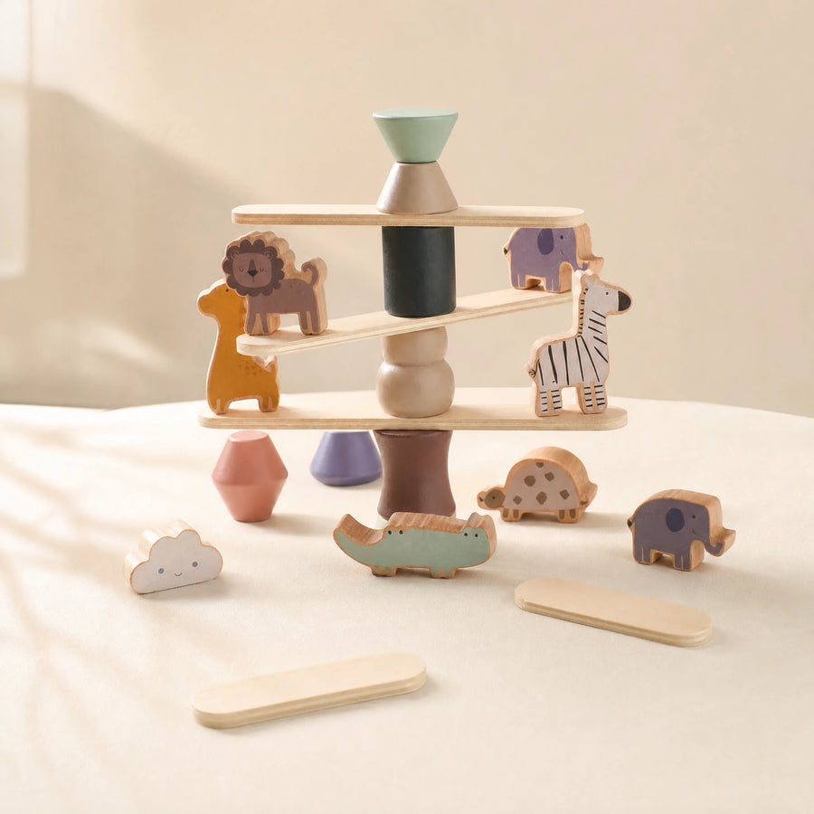 Jeu d'équilibre en bois Montessori avec blocs animaux pour enfants - Fond blanc, autre angle