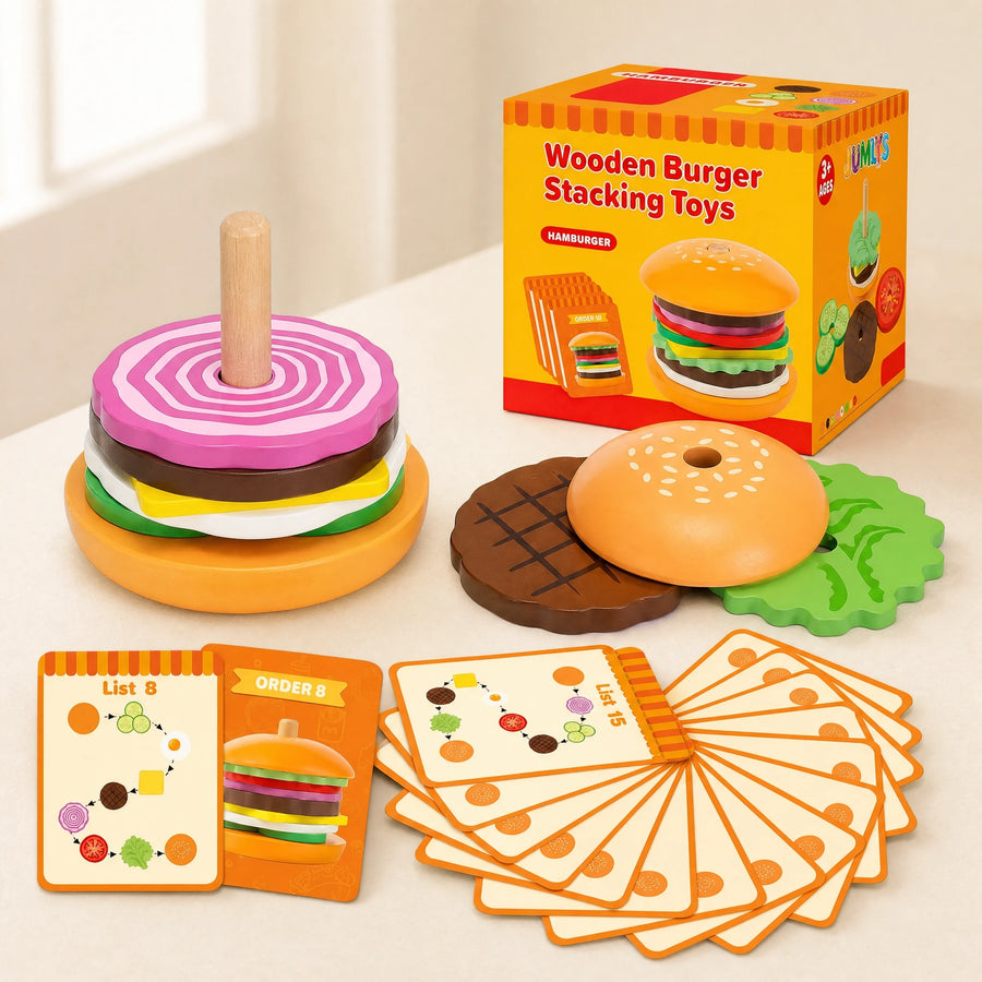 Jeu Empilage Hamburger en Bois avec Cartes de Défis - Fond blanc, autre angle
