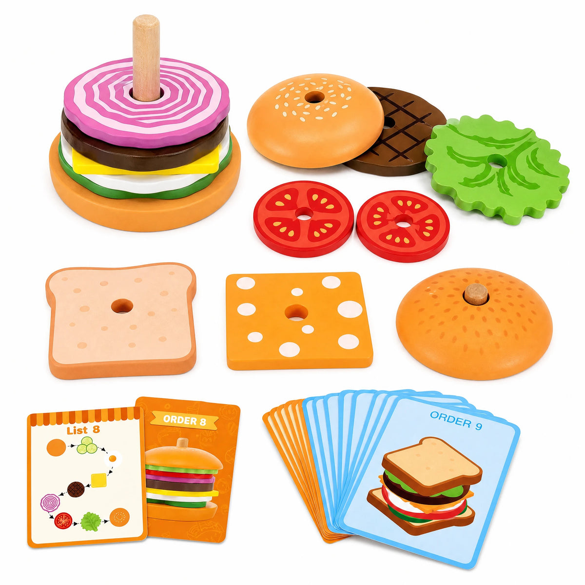 Jeu Empilage Hamburger en Bois avec Cartes de Défis - Fond blanc