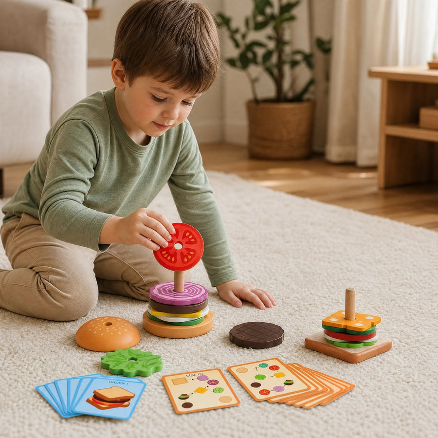 Jeu Empilage Hamburger en Bois avec Cartes de Défis - Utilisation du produit