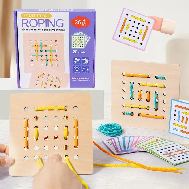 Jeu de laçage bois avec 20 cartes et cordes colorées