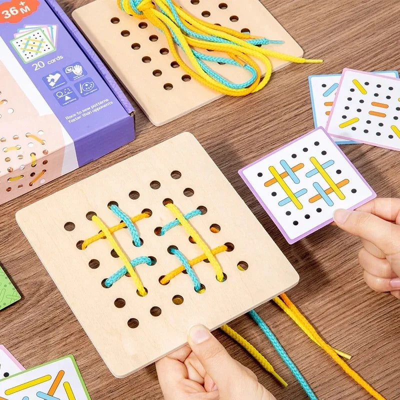 Jeu de laçage bois avec 20 cartes et cordes colorées