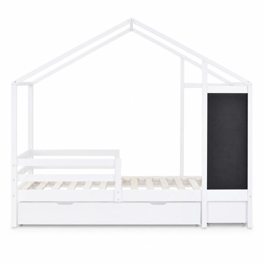 Lit Cabane Montessori avec Tableau Noir et Tiroirs - Fond blanc